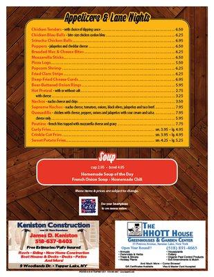 Romano's Saranac Lanes 2017 Menu