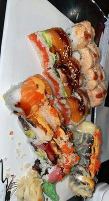 American Dream Sushi Cake Roll in the back left  Our Out of Control Roll bottom middle  Fried roll is Fire Roll