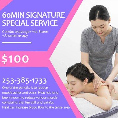 Only $100 for 60Min Special Service,Including Combo Massage & Hot Stone & Aromatherapy