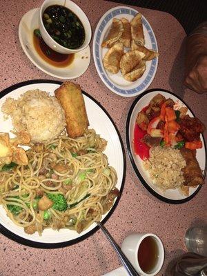 Sweet and sour pork, chicken lo mein and pot stickers