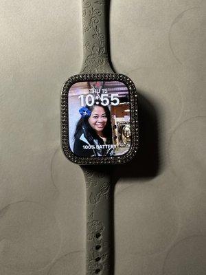 My blinged out Apple Watch , using rotating portraits.  Me posing next to my framed bronze head replica