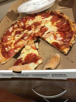 Pepperoni and onion pizza