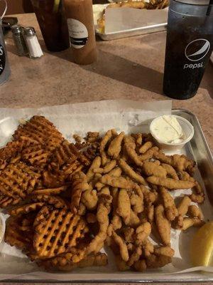 Clam strips with sweet potato fries