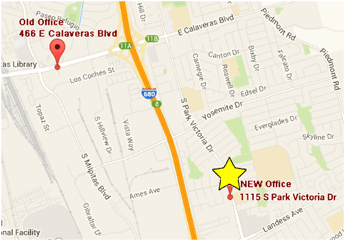 A map of our new office in relation to our old office. It's not that far! Also easy access from the I-680 off ramp at Montague and Landess!