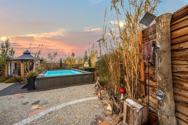 Outdoor heated shower and pool #casaluisajoshuatreedesertoasis, #desertbnbs, #airbnb