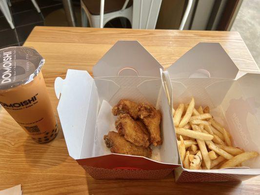 Classic Thai Tea, Soy Garlic Wings, Fries