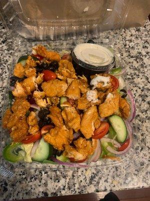 Buffalo chicken salad! Chicken is great,  breaded in house and all!