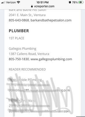 We won VC Reporter Best Plumbers of Ventura County! Blessed to have so many supportive and repeat customers.