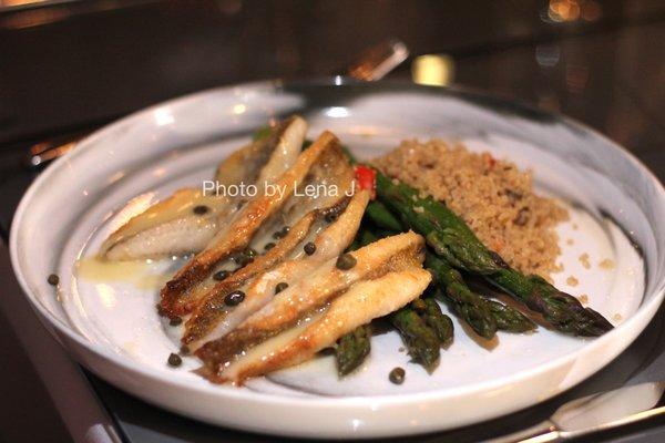 Lake Perch ($32) - asparagus, quinoa, bell peppers, lemon caper beurre blanc