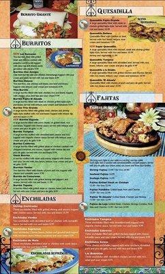 Burritos, quesadillas, enchiladas, and fajitas menu