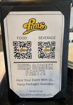 QR code's for food and drink menu.