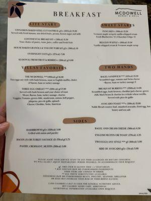 Breakfast menu as of 6/1/24