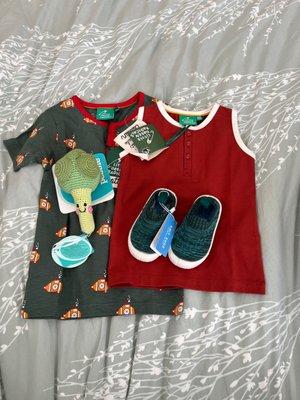 Clothes, broccoli rattle and shoes