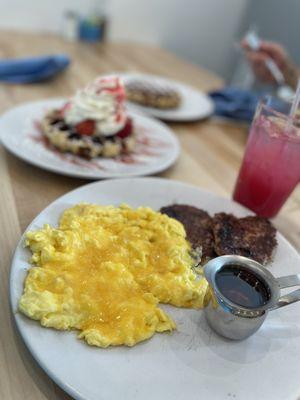 Split decision sampler with strawberry cheesecake waffle.