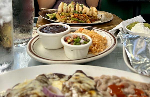 Mole almond chicken enchiladas and shrimp & veggie quesadillas