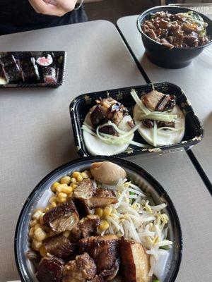 Pork Belly Noodle Soup, Pork Belly Steam Bun, Pork Belly Rice Bowl and Tuna Hand Roll