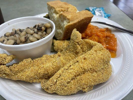 Catfish, purple hull peas, cornbread, yams