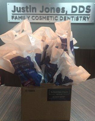 Donations of oral hygiene supplies for women staying at George R. Brown during Hurricane Harvey.