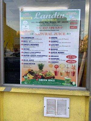 Their juice bar menu