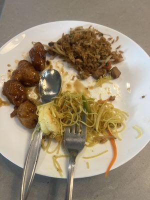 Singapore noodles, orange chicken, and pork fried rice