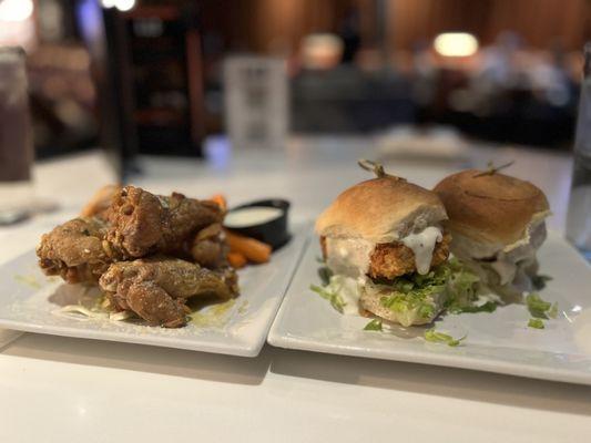 Garlic Chicken Parmesan wings and fish and chip sliders