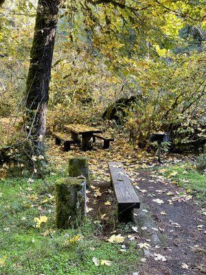 A picnic area with extra seating and bbq pit.