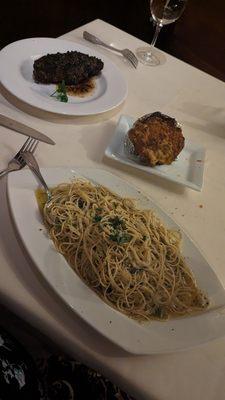 Blackened Peppercorn Strip, Angel Hair Pasta, Twice Baked Potato