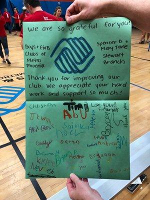 The sweet "Thank You" card the boys and girls presented to us at Keller Williams Biltmore Partners for helping to spruce up their club!