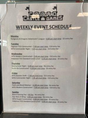 Cardboard Castle event schedule (last we checked!)