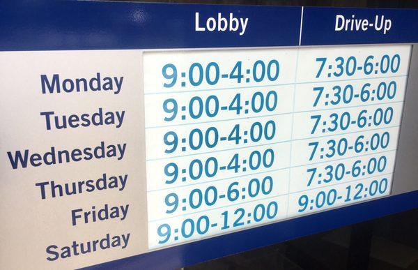 Bank hours in pic.  ~  ATM 24/7.