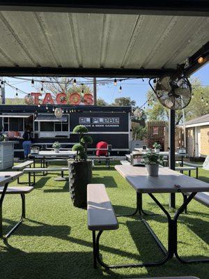 Dinning area. Had little fans to help keep any flys away which was a nice touch. Very clean and very relaxing.