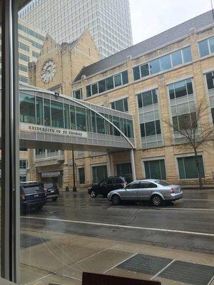 View from the Interprofessional Center on the first floor of Opus Hall. The campus is completely connected by Skyway.