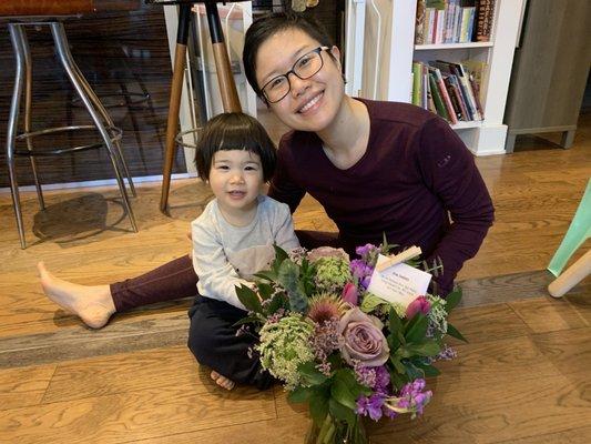 My friend and her daughter enjoying their Galentine's Day flowers