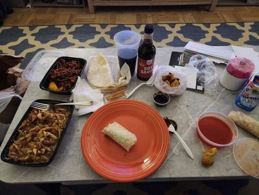 Moo shu pork, Thai crispy beef and fried wonton.