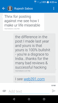 The fine party responsible for web397.com sent me this text (after taking down my website, that he'd designed) 1 year after the review