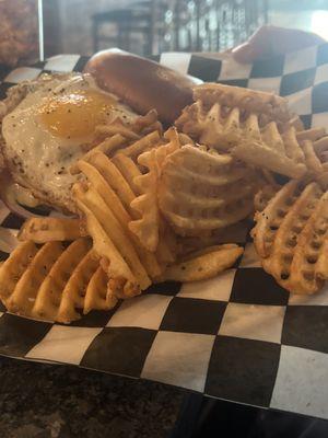 Hangover burger with waffle fries