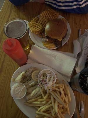 Cod and fries, Texas Burger and waffle fries