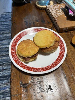 Chicken biscuit and smoked sausage biscuit