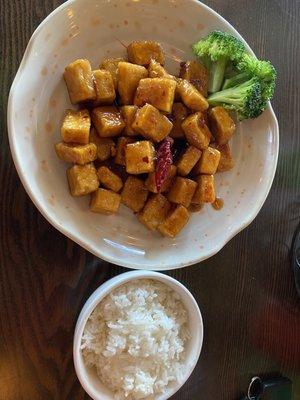 My very tasty lunch.   CH11. General Tso's Tofu Dinner