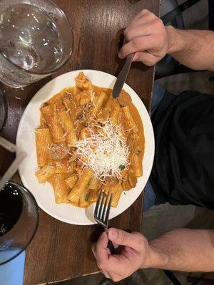 Rigatoni with Vodka sauce , chicken and sausage.