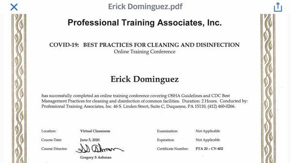 COVID-19 cleaning certification