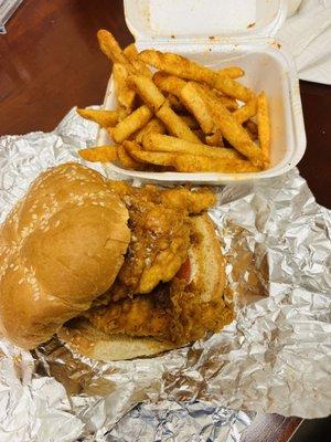 Sweet and spicy chicken sandwich and seasoned fries