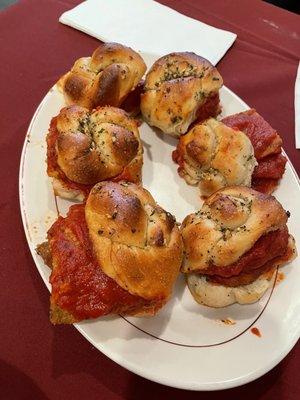 Meatball, chicken and eggplant sliders