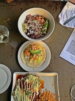 Chicken Enchiladas, shrimp taco, Carne Asada bowl