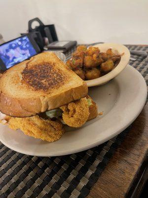 Catfish sandwich w/cheese and okra as the side