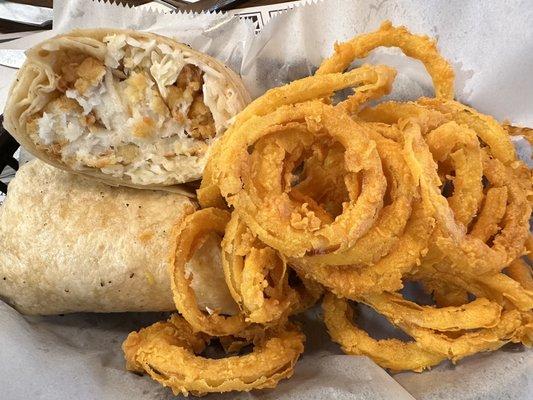 Haddock wrap w/ cole slaw and side of homemade onion rings--solid. Food tasted really fresh.