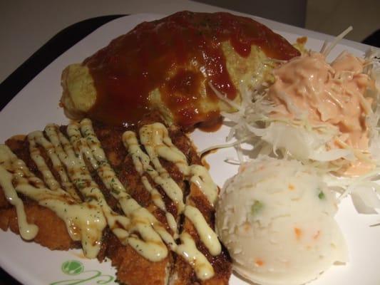 chicken don katsu with salad, mashed potatos and omelet rice