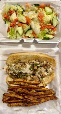 Philly Chicken Cheese Steak. Fries, Side Salad