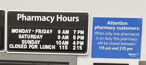 Great pharmacy... I posted the hours so that you are not stuck waiting while they go on lunch break from 1:15PM to 2:15PM