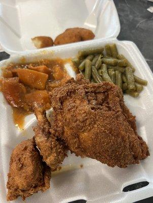 Fried chicken, yams, green beans, hush puppies